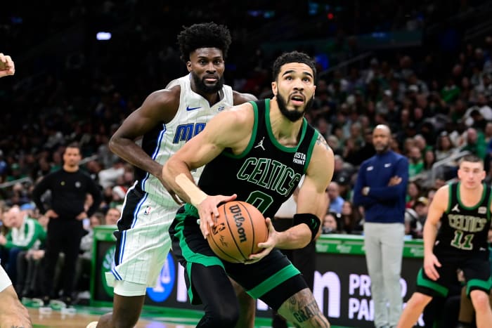 Dec 15, 2023; Boston, Massachusetts, USA; Boston Celtics forward Jayson Tatum (0) looks to shoot during the second half against the Orlando Magic at TD Garden.